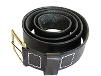 Image of a black leather belt with white stitching and a brass buckle