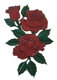 hand carved selection of 3 red roses and green leaves
